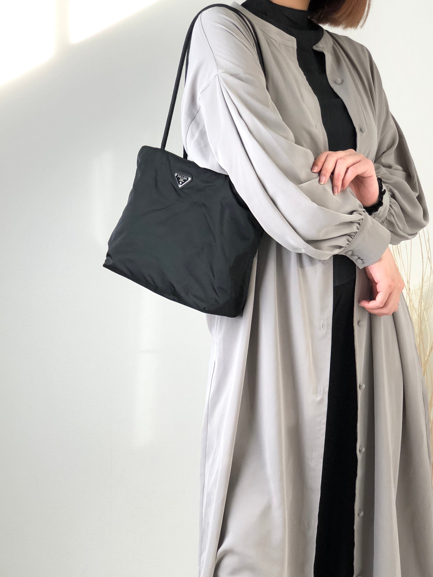 PRADA Triangle Logo Nylon Handbag Totebag Black Vintage s5is3j
