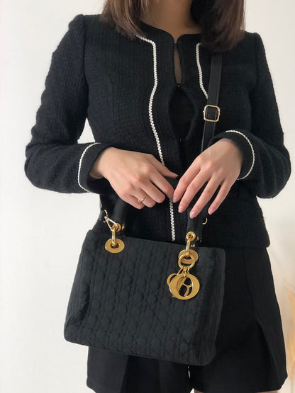 Christian Dior  Lady Dior Cannage CD Logo Charm Nylon Two-way Handbag Shoulder bag Black Vintage vwagxx