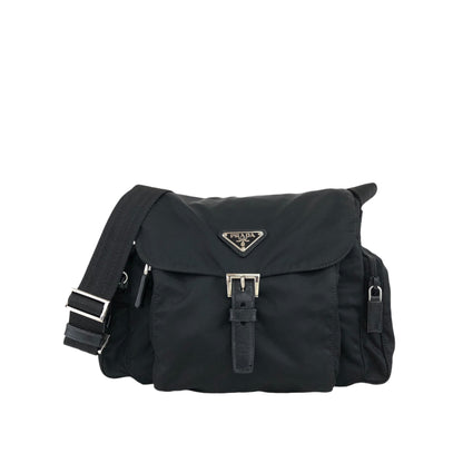 PRADA Triangle Logo Front Buckle Side Pocket  Shoulder bag Black Vintage xwcbv7