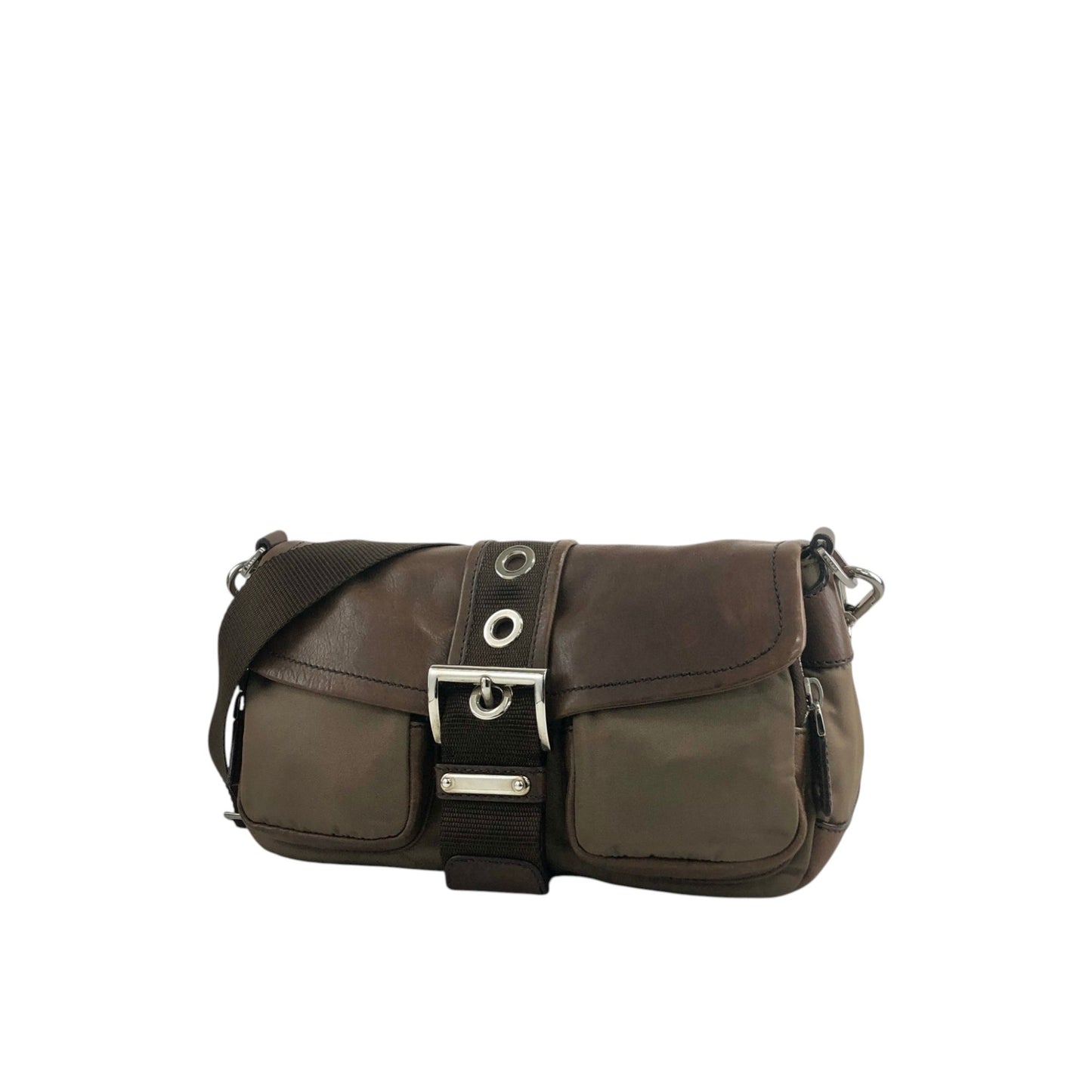 PRADA Tessuto Triangle Logo Belt Motif Shoulder bag Brown Vintage s7iz35