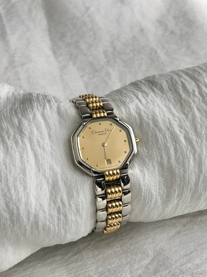 Christian Dior Octagon Quartz Watch Silver×Gold D48-203 Vintage hvmzg2