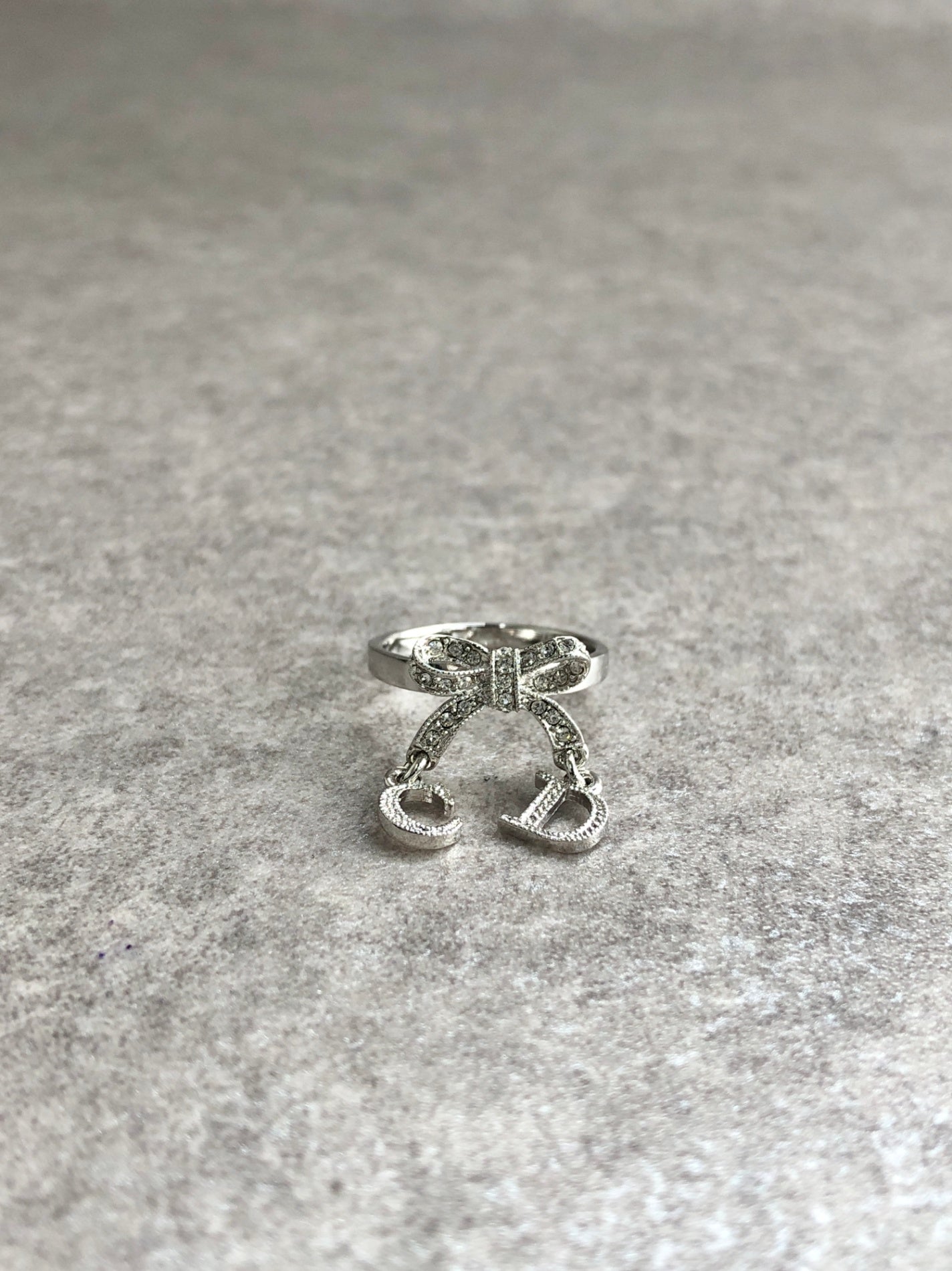Christian Dior CD Logo Rhinestone Ribbon Motif Ring Silver Vintage