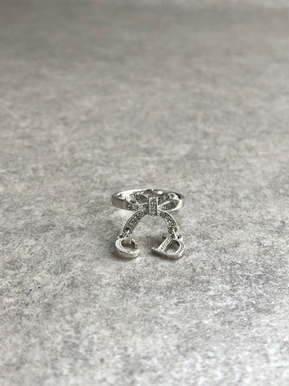 Christian Dior CD Logo Rhinestone Ribbon Motif Ring Silver Vintage kjtyg5