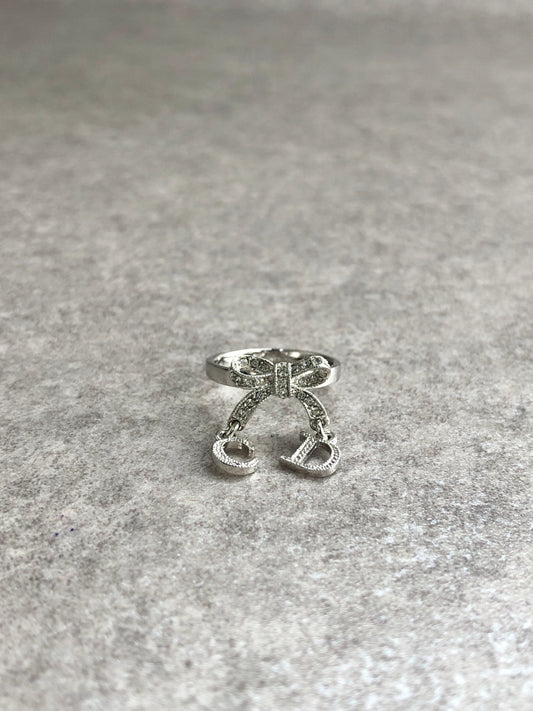Christian Dior CD Logo Rhinestone Ribbon Motif Ring Silver Vintage kjtyg5