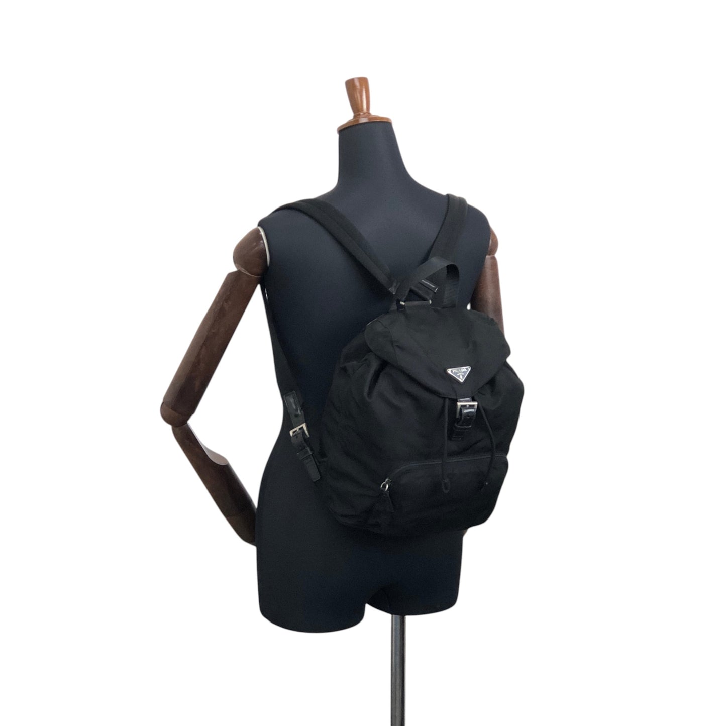 PRADA Tessuto Triangle Logo Front Buckle Backpack Black Vintage vwh35w