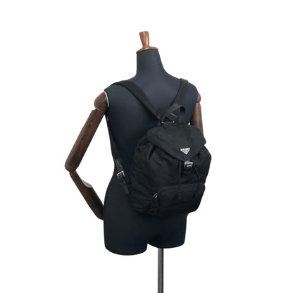 PRADA Tessuto Triangle Logo Front Buckle Backpack Black Vintage vwh35w