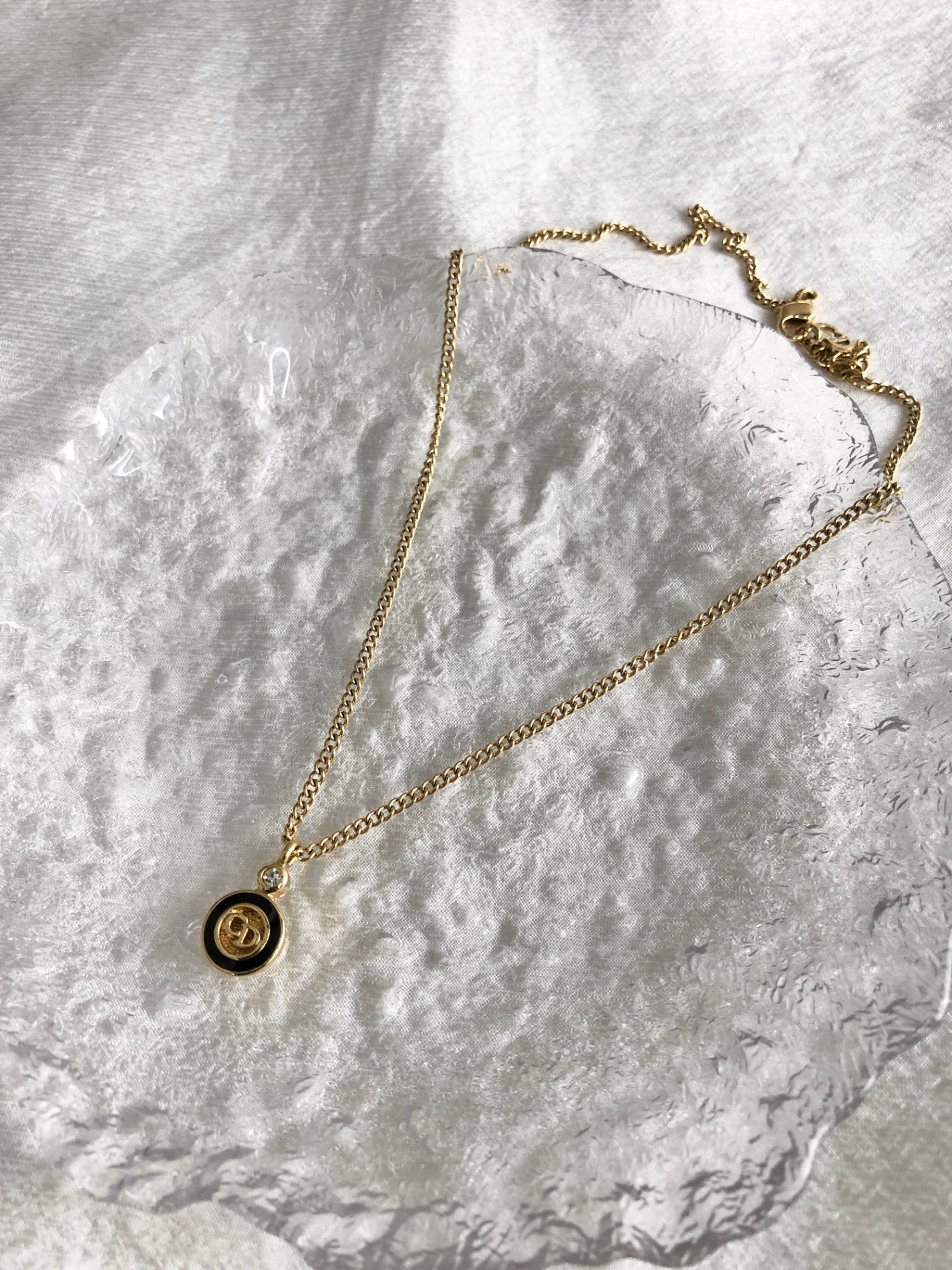 Christian Dior CD Logo Rhinestone Necklace Gold Vintage 3rza6f