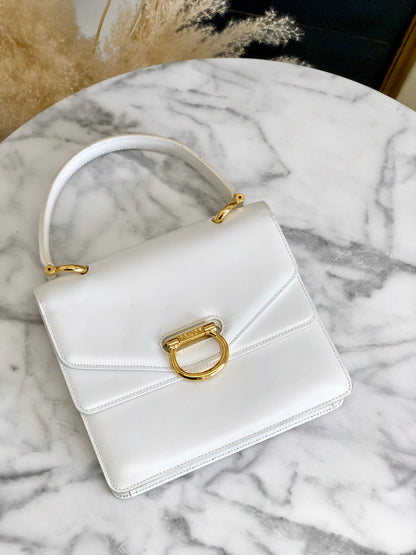 CELINE Horse bit Double Flap Leather Handbag White Vintage mxrdau