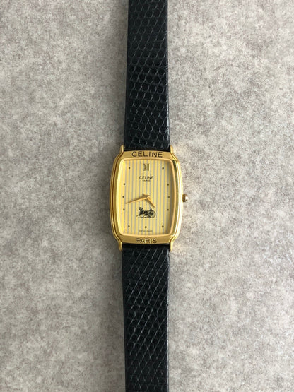 CELINE Horse Carriage Watch Gold×Black Vintage 4c7zjb