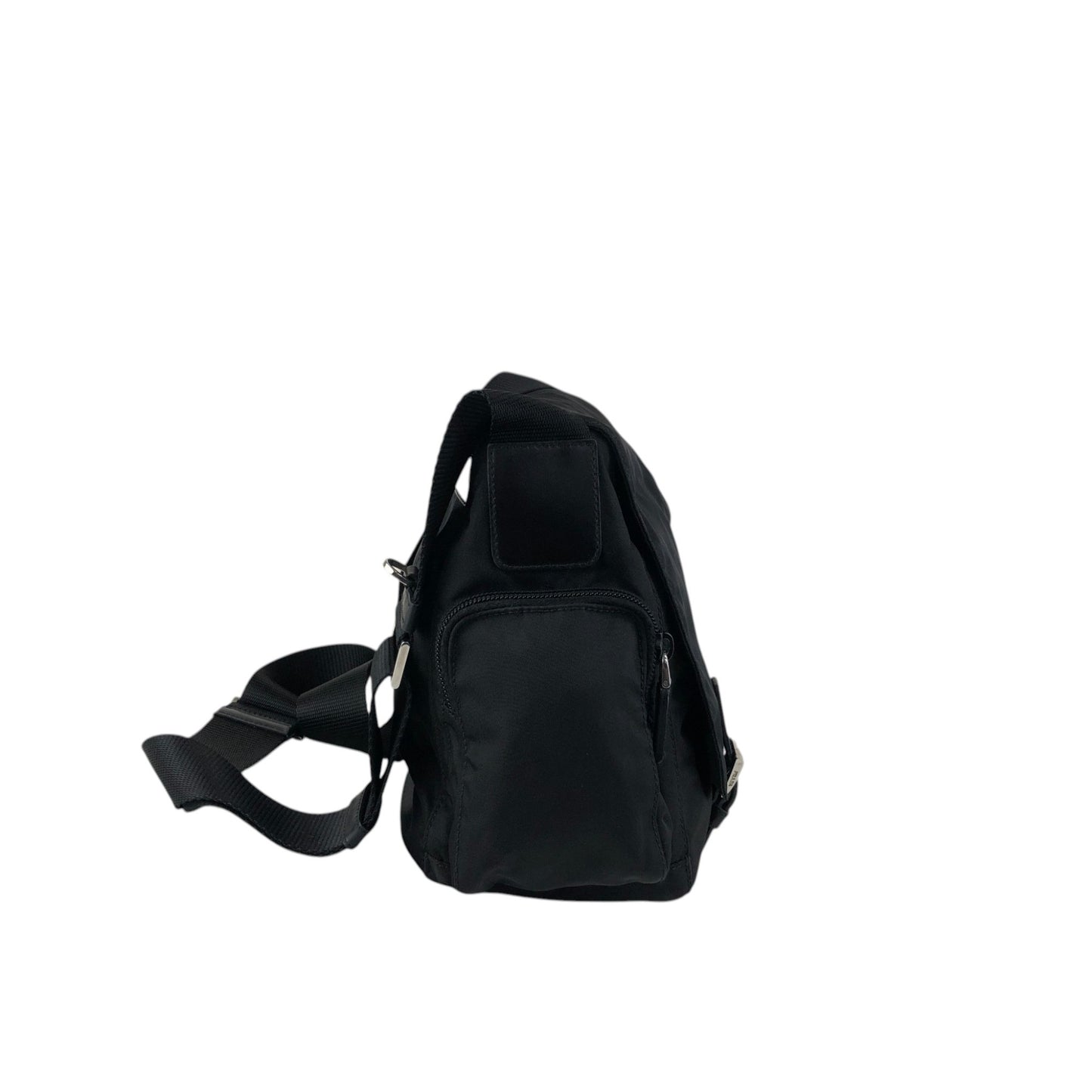 PRADA Tessuto Triangle Logo Front Buckle Double Pocket Shoulder bag Black Vintage yejdb4