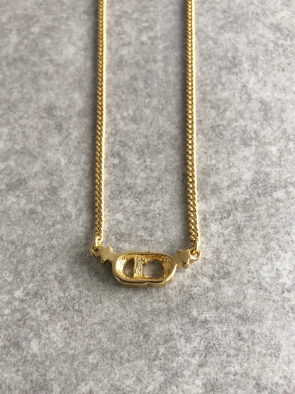 Christian Dior CD Logo Rhinestone Necklace Gold Vintage hrmhsa
