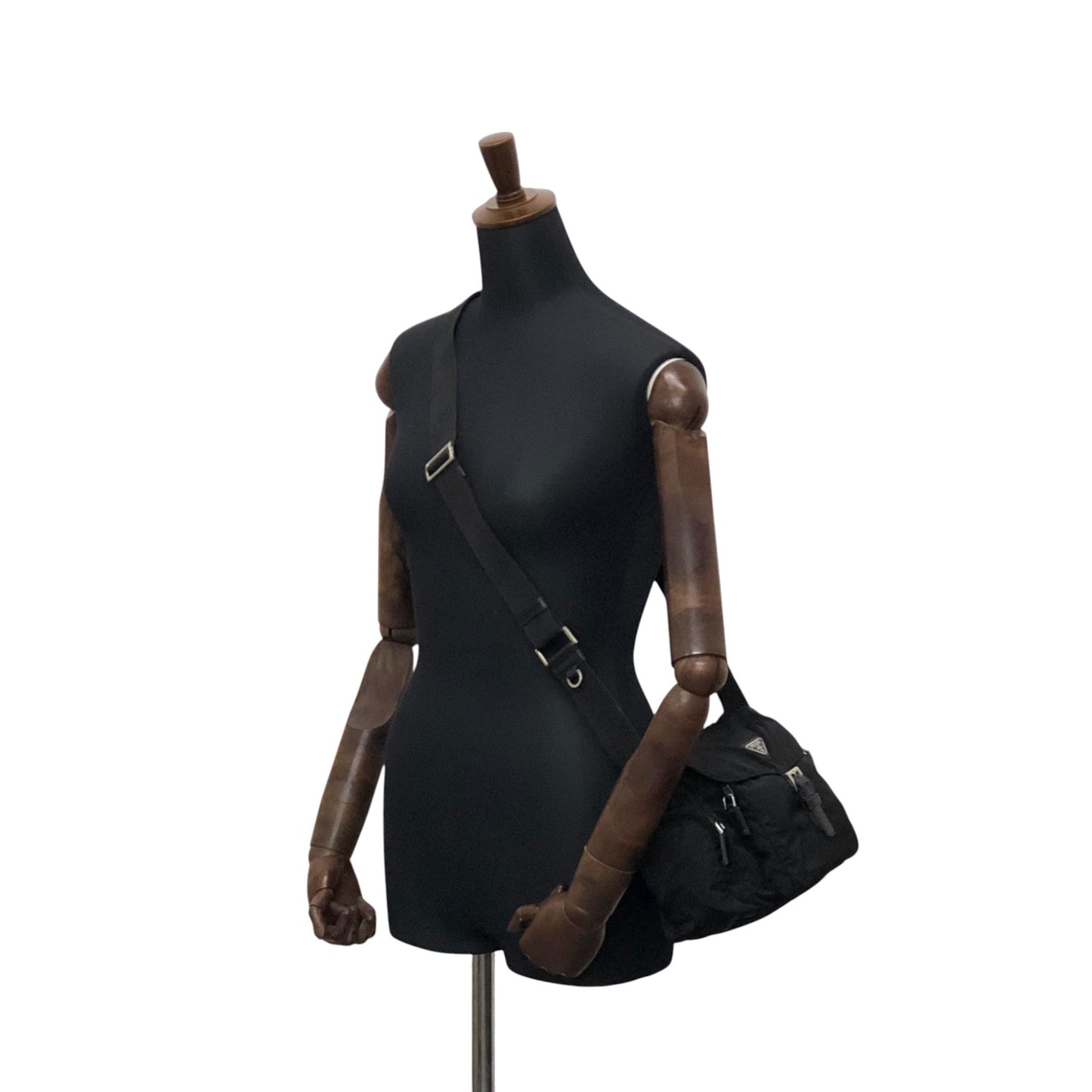 PRADA Tessuto Triangle Logo Front Buckle Side Pocket Shoulder bag Black Vintage 75anhg
