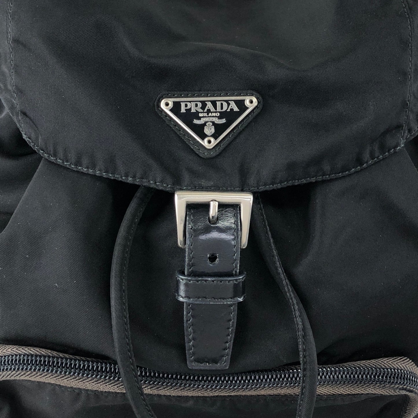 PRADA Tessuto Triangle Logo Front Buckle Backpack Black Vintage f788mi