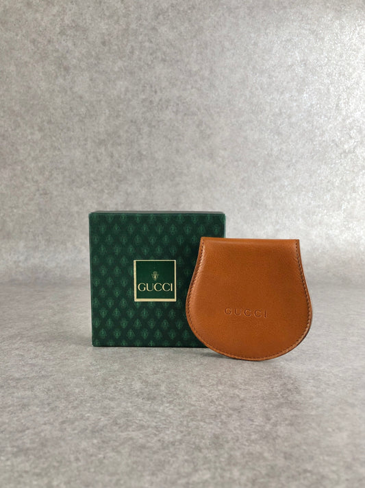 GUCCI Logo Embossed Coin Purse Brown Vintage 86ajph