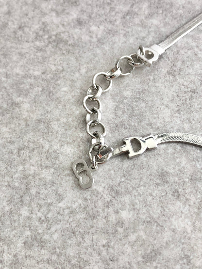 Christian Dior CD Logo Ribbon Necklace Silver Vintage xxdfsh
