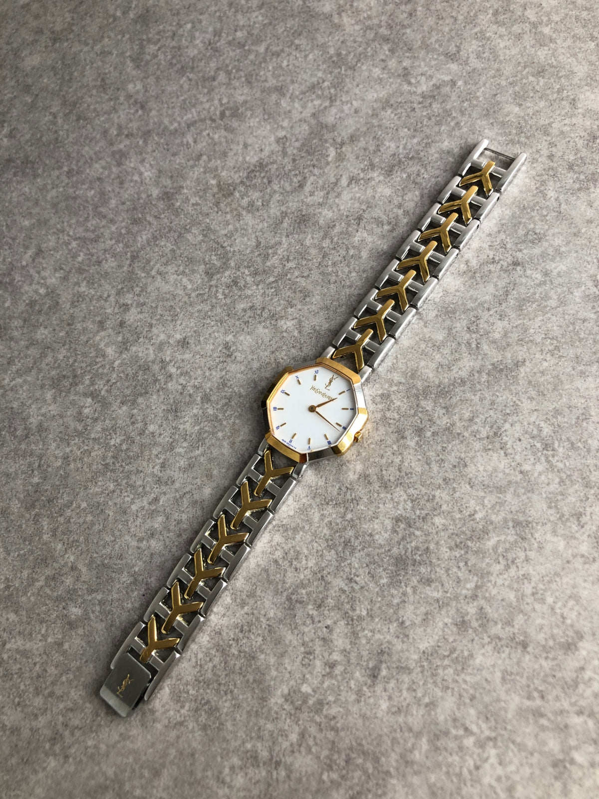 Yves Saint Laurent YSL Logo Quartz Watch Silver×Gold Vintage paum2s
