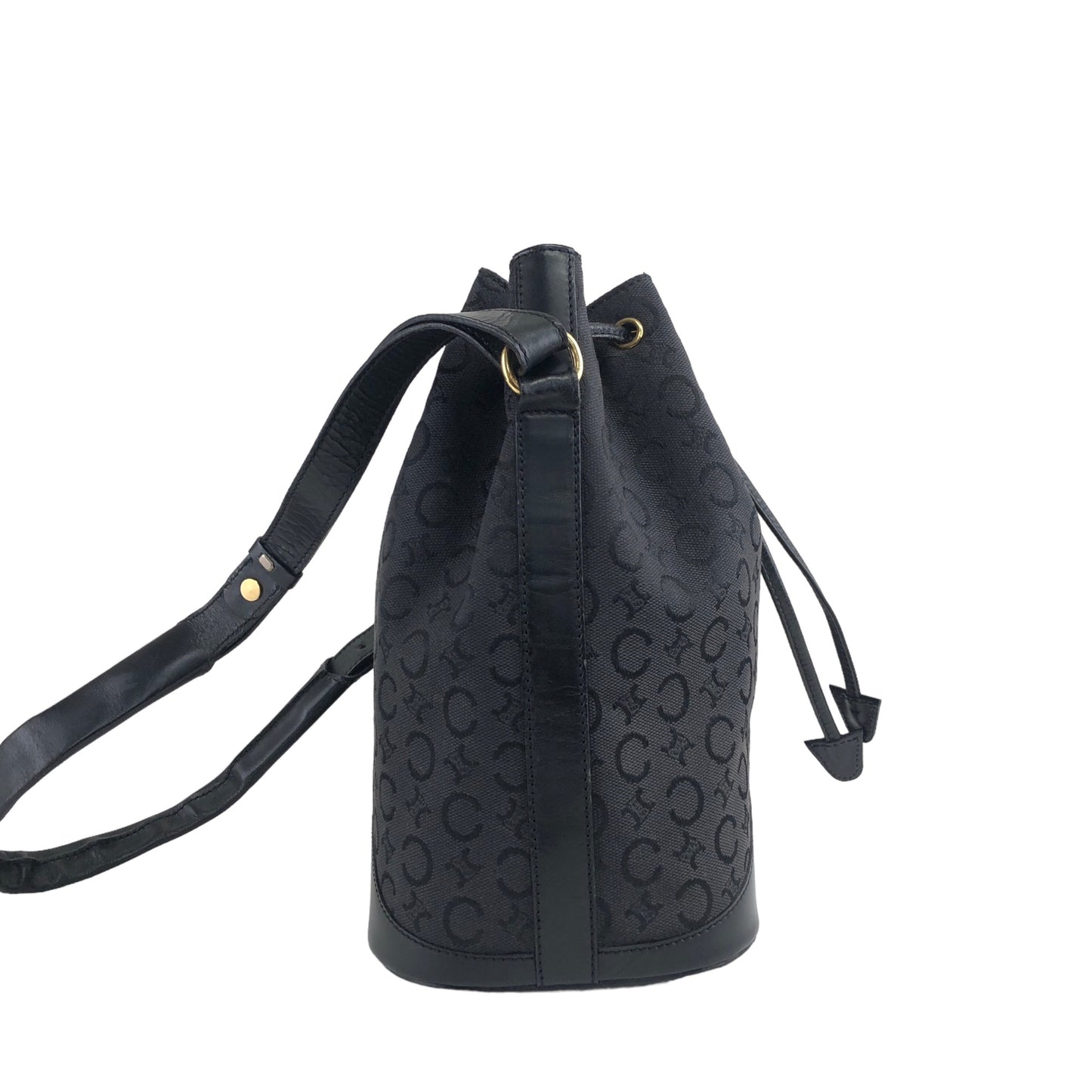 CELINE Macadam Jacquard Leather Drawstring Shoulder bag Black Vintage re32m6