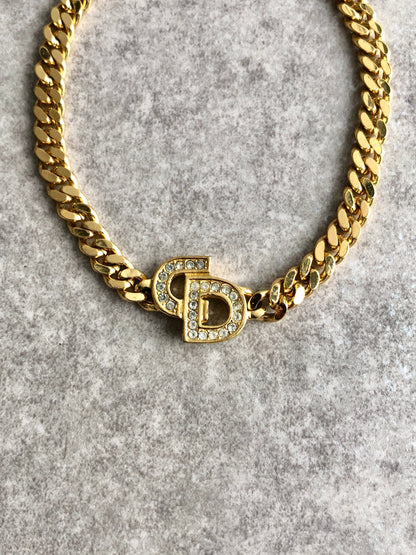 Christian Dior CD Logo Motif Rhinestone Bracelet Gold Vintage chgiwy