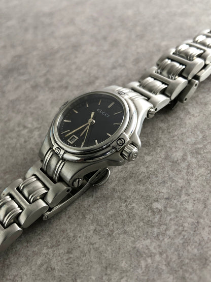 GUCCI Logo Quartz Watch Silver×Black 9040L Vintage z3cdyu