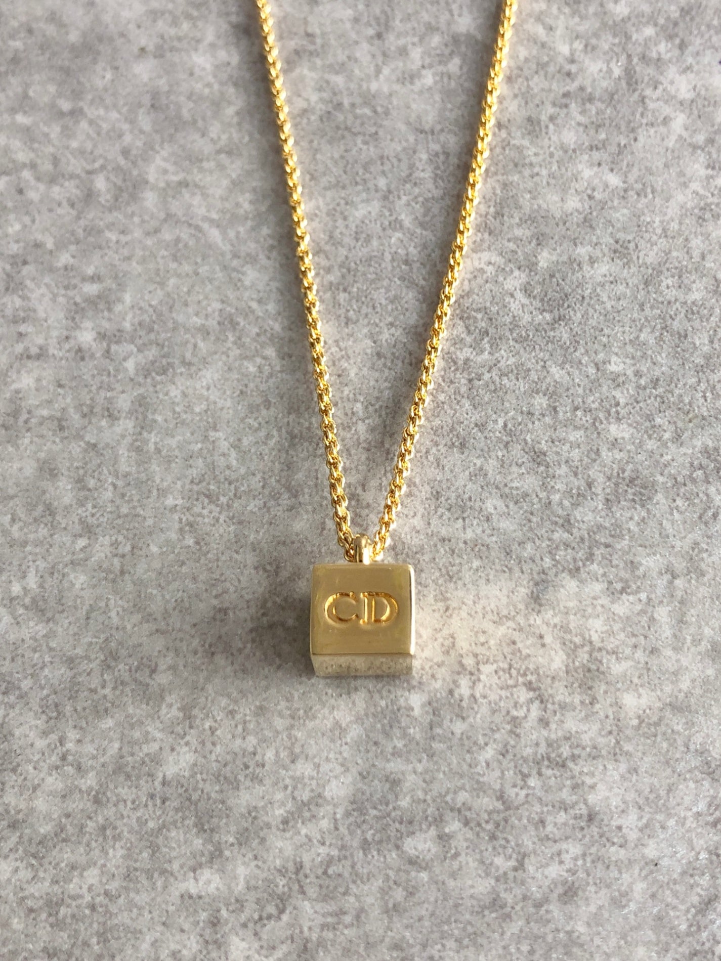Christian Dior CD Logo Cube Necklace Gold Vintage uue8e6