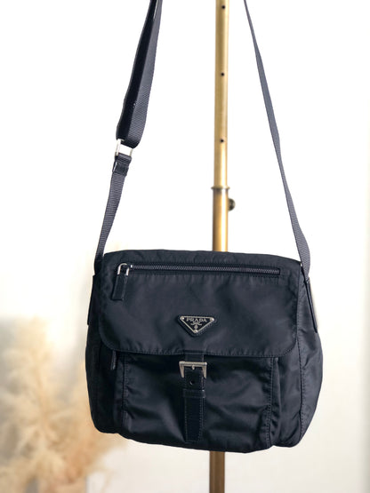 PRADA Triangle Logo Front Buckle Shoulder bag Black Vintage askzu2