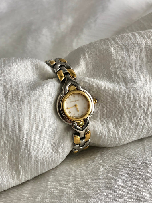 Yves Saint Laurent Logo Quartz Watch Silver×Gold 5420-F45278 Vintage 46jnbp