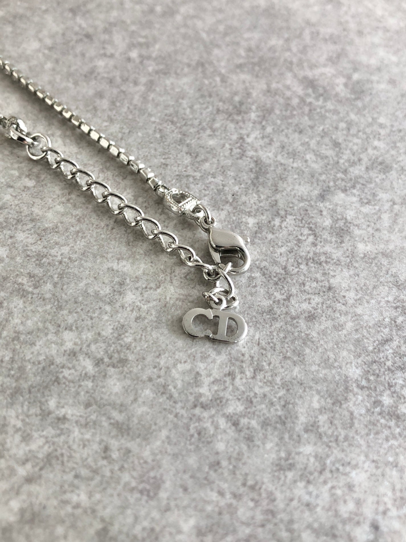 Christian Dior Logo Motif Rhinestone Necklace Silver Vintage