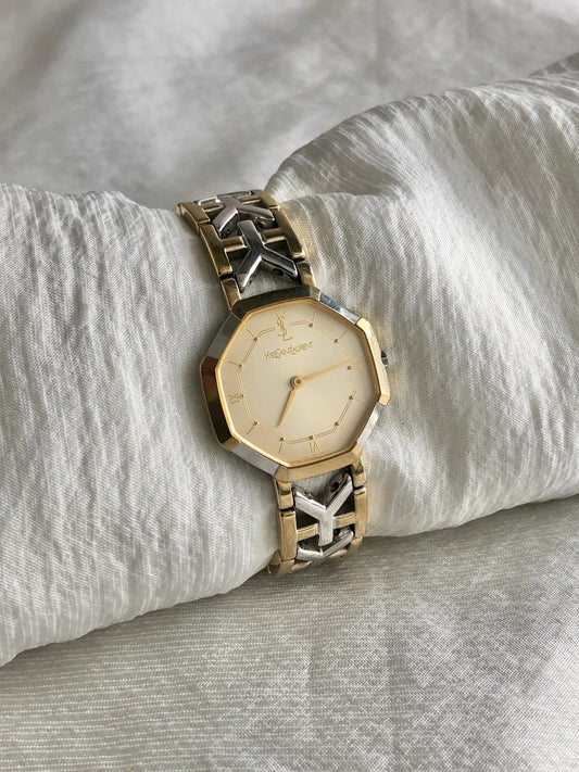 Yves Saint Laurent YSL Logo Octagon Watch Gold Vintage ru7r5x