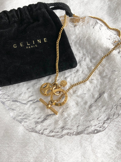 CELINE Blason Toggle Clasp Necklace Gold Vintage f45y4w
