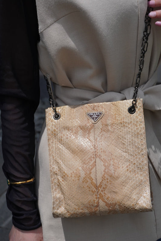 PRADA Triangle Logo Chain Shoulder bag Beige Vintage 6b4rwd