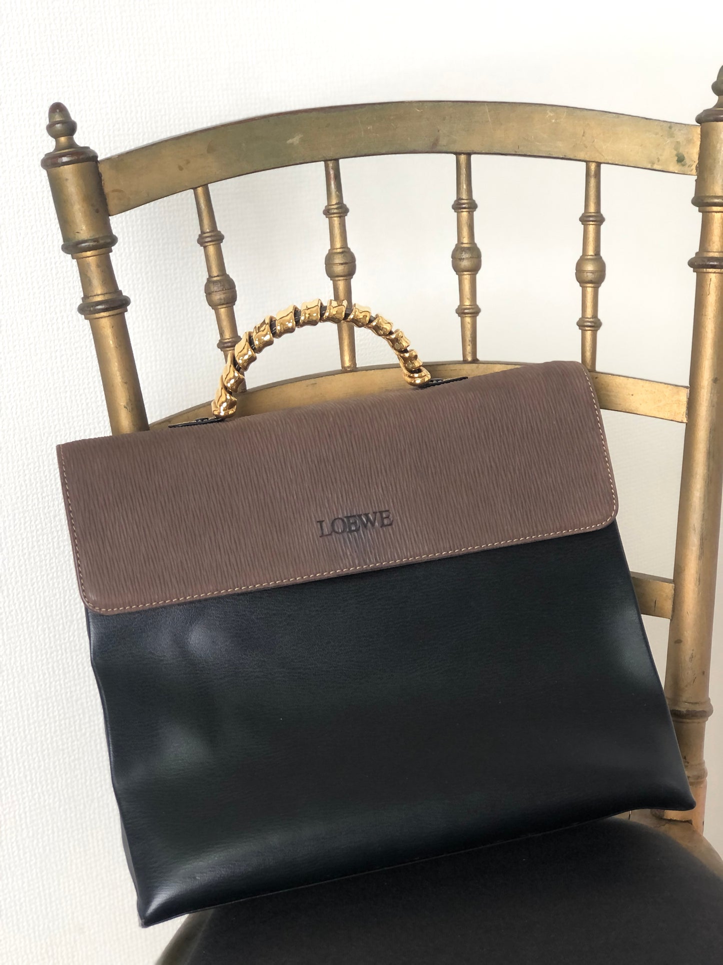 LOEWE Velazquez Metal Leather Handle Handbag Black Vintage   jyxx34