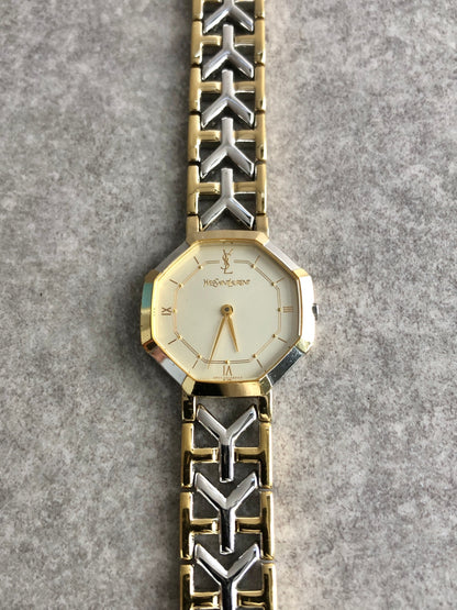 Yves Saint Laurent YSL Logo Watch Silver×Gold 4620-E62143 Vintage tivs5z