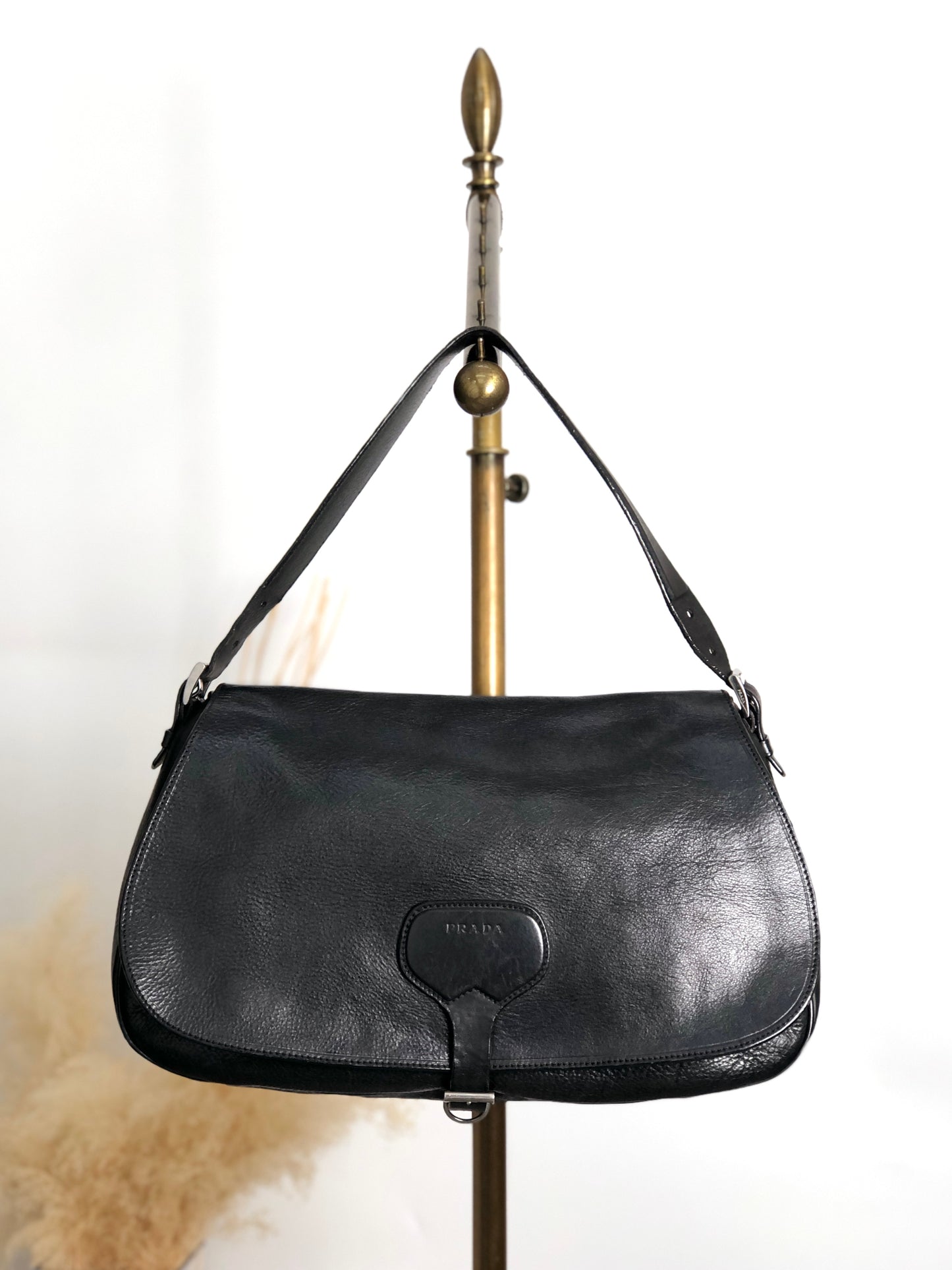 PRADA Logo Front Buckle Shoulder bag Hobobag Black Vintage m5w8bc