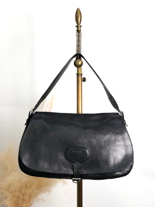 PRADA Logo Front Buckle Shoulder bag Hobobag Black Vintage m5w8bc