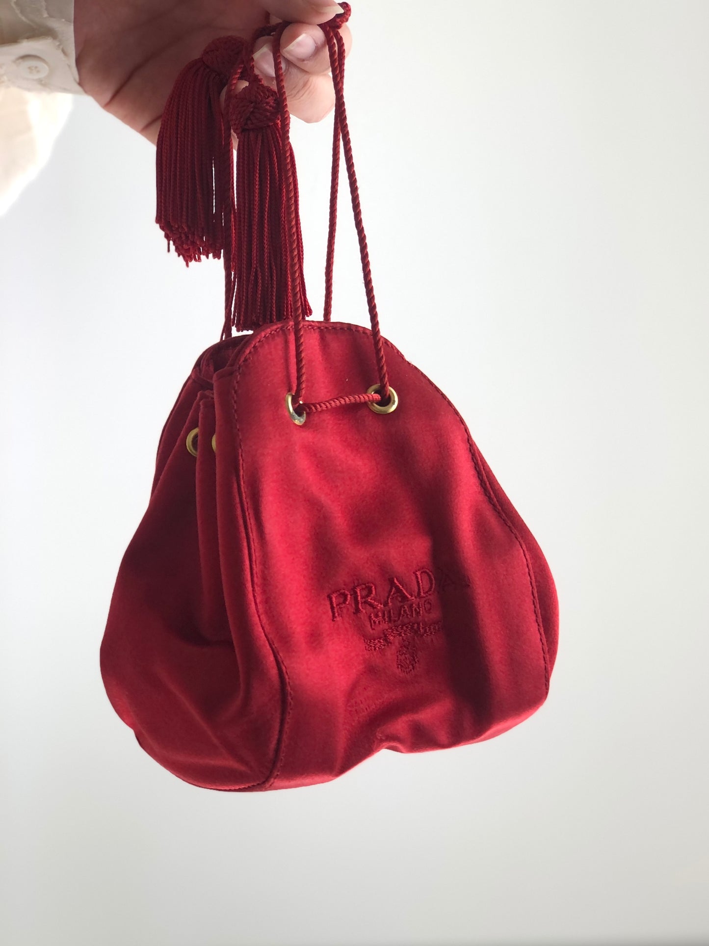 PRADA Logo Embroidery Satin Drawstring Mini Handbag Red Vintage e2mrt5