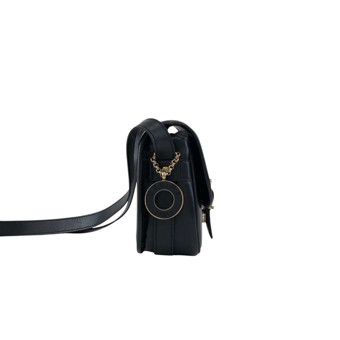 CELINE Front Buckle logo Charm Shoulder bag Black Vintage tpxej8