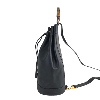 GUCCI Bamboo Leather Drawstring Shoulder bag Black Vintage f5ytcx