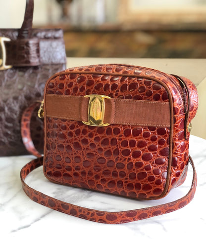 Salvatore Ferragamo Vala Ribbon 鱷魚壓花包 棕色 復古 舊款 x6i2ib