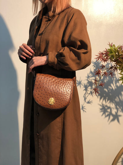 CELINE Triomphe Blason Emblem 鴕鳥皮斜背包單肩包棕色復古 ncpap7 