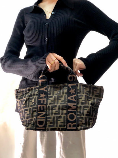 FENDI Zucca Logo Motif Jacquard Handbag Brown Vintage bczppj