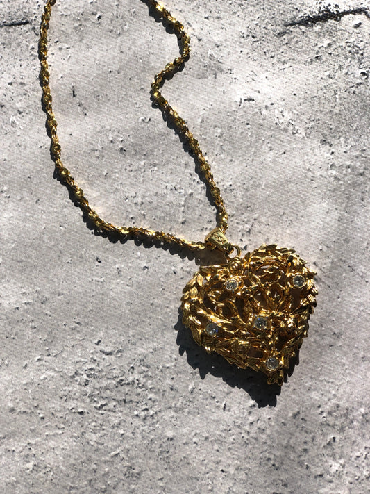 Yves Saint Laurent Heart Rhinestone Necklace Gold Vintage 2x4sm4