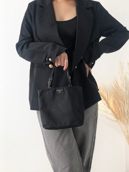 PRADA Triangle Logo Nylon Handbag Black Vintage v542yk