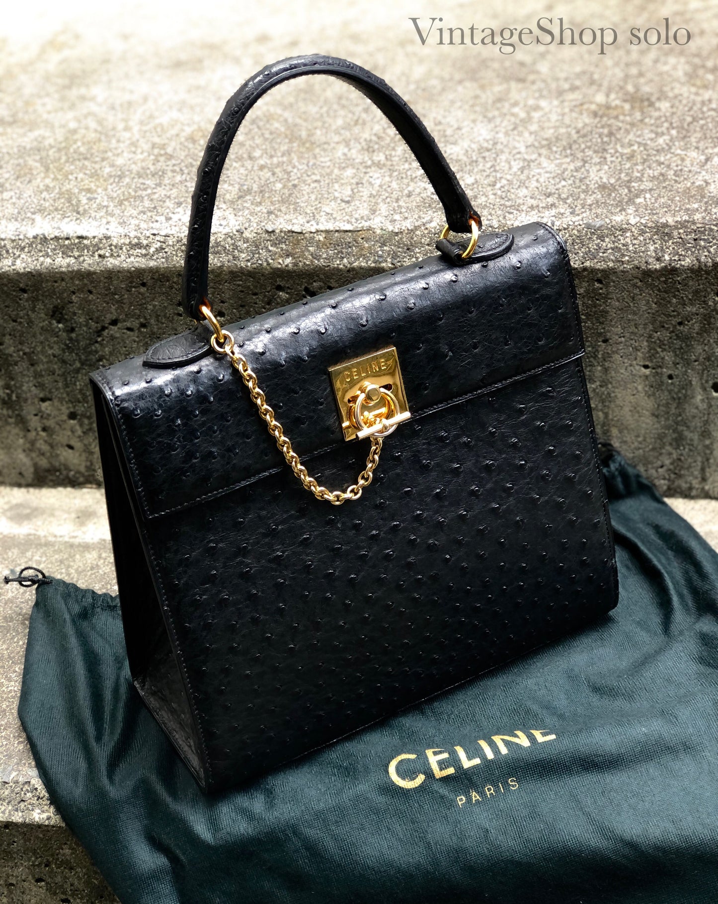 CELINE Mantel Chain Gancini Ostrich Leather Kelly Handbag Black Vintage Old CELINE auwsc2