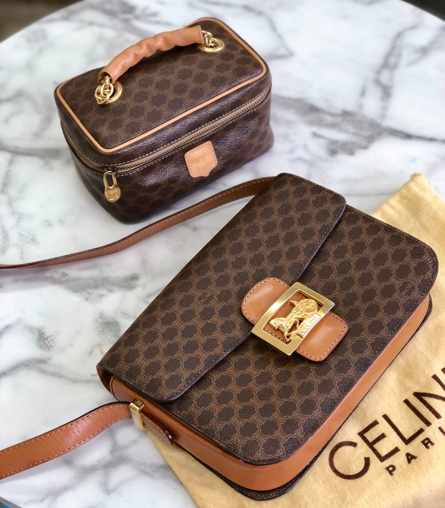 CELINE Macadam Blason embossed PVC leather vanity mini bag handbag brown vintage old celine emvwvv