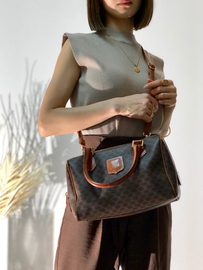 CELINE Macadam PVC Leather Two-way Handbag Shoulder bag Boston bag Brown Vintage znft22