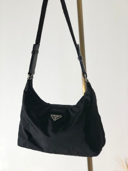 PRADA Triangle Logo Nylon Shoulder bag Hobobag Black Vintage bbyjfb