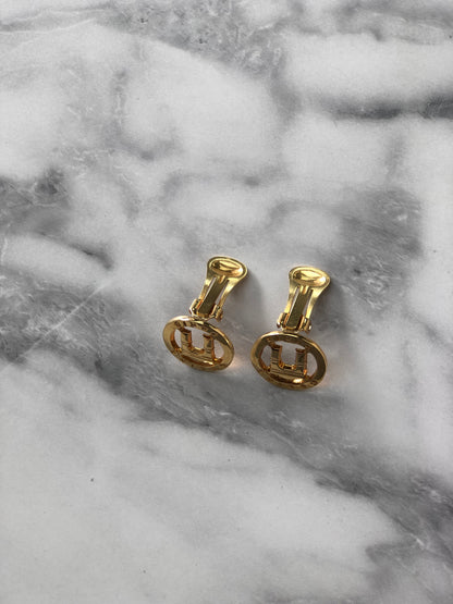 CELINE Circle Logo Earrings Gold Vintage 8rds48