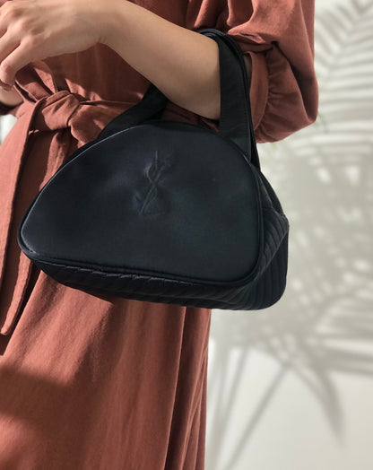 Yves Saint Laurent YSL Logo  Nylon Leather Handbag Black Vintage wx72aw