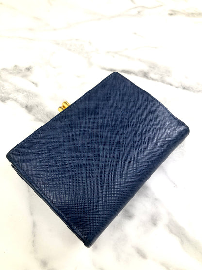 PRADA Triangle Logo Metal Clasp Leather Trifold Wallet Blue Vintage hdcmeb