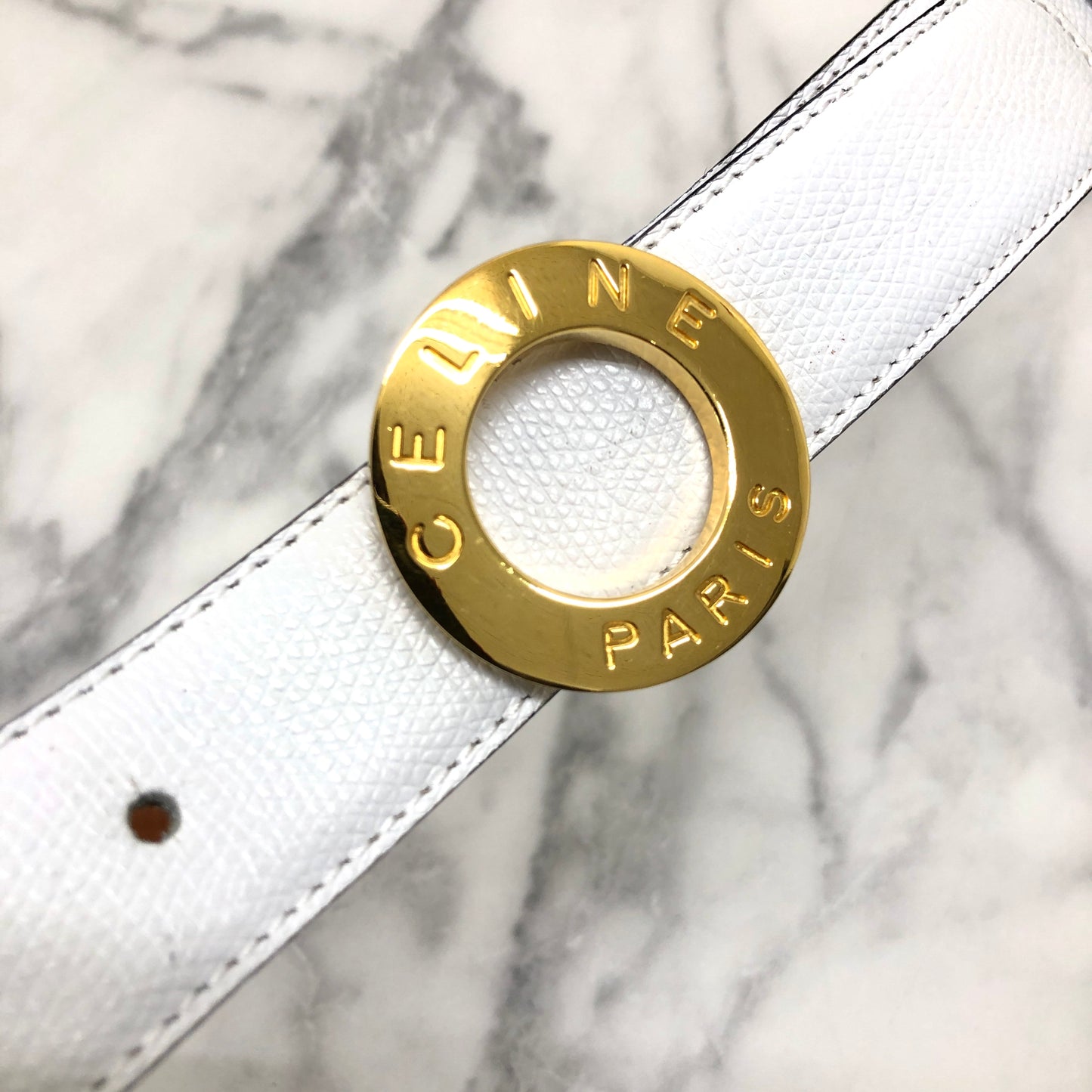 CELINE Circle Logo Leather Belt White Vintage 5absrf